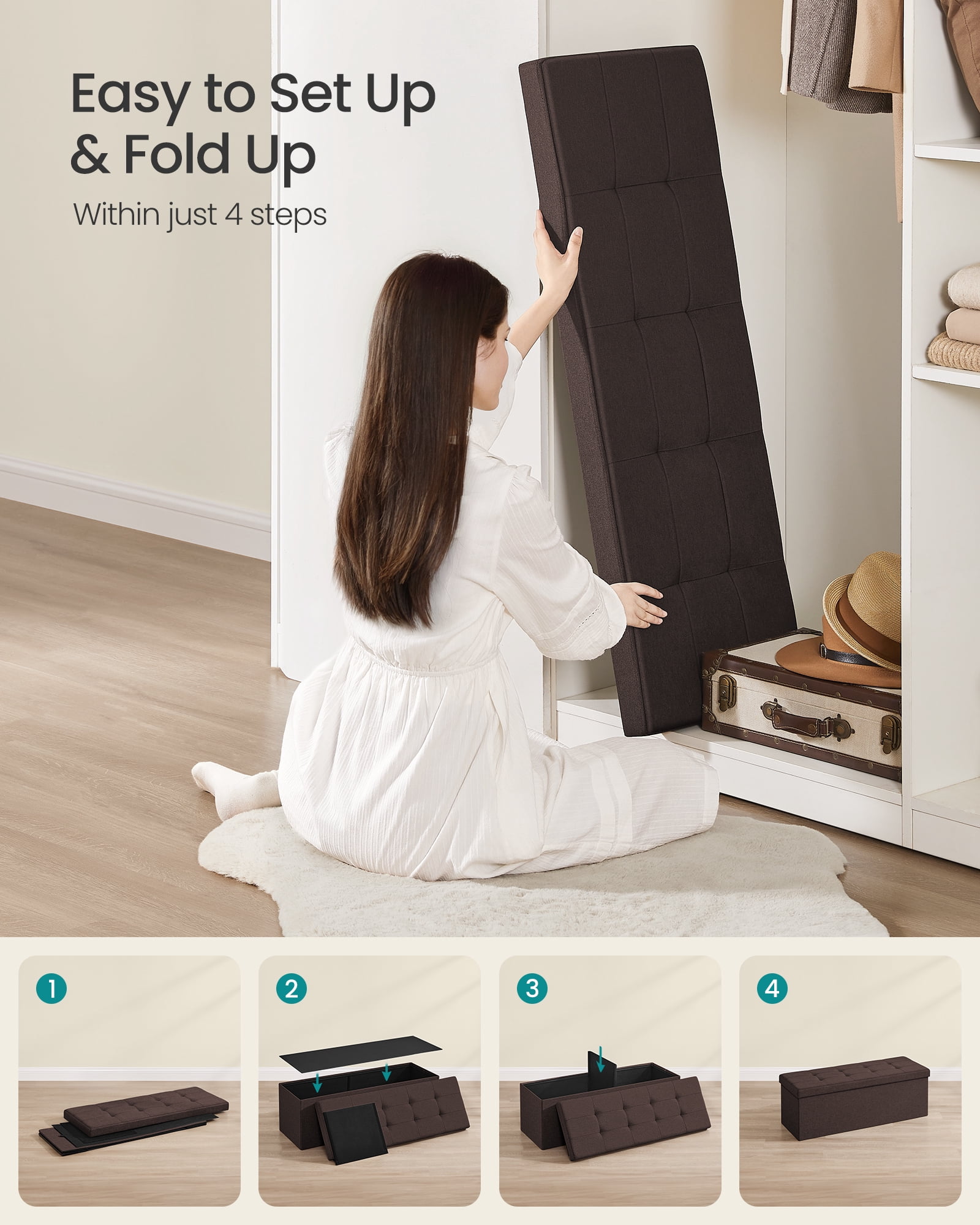 SONGMICS Storage Ottoman Bench, 15 x 43 x 15 Inches, Ottoman with Storage, End of Bed Bench, for Living Room, Bedroom, Chestnut Brown