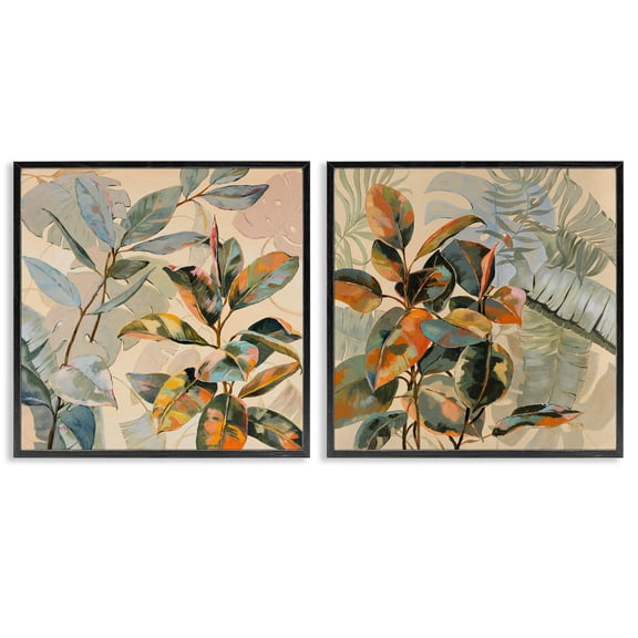 Stupell Industries Neutral Tropical Organics Floral Painting Black Framed Art Print Wall Art, 12 x 12, Set of 2