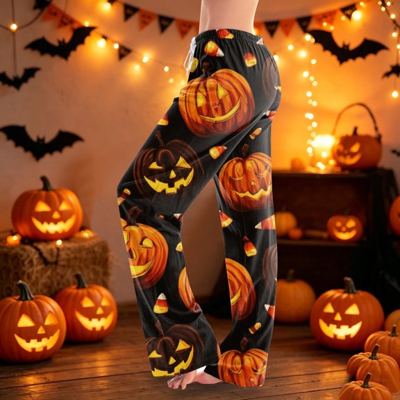 Soft Pajamas for Women Halloween Pumpkin Print Loose Pj Bottoms Drawstring Comfy Sleepwear