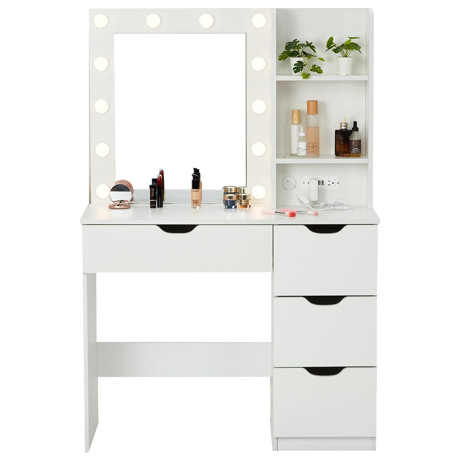 TROPOW Vanity Desk,Makeup Vanity,with Mirror and Lights,Makeup Vanity Desk with Mirror and Lights, 35 Inch Makeup Table with 4 Drawers and Built-in Power Strip, Makeup Studio, White