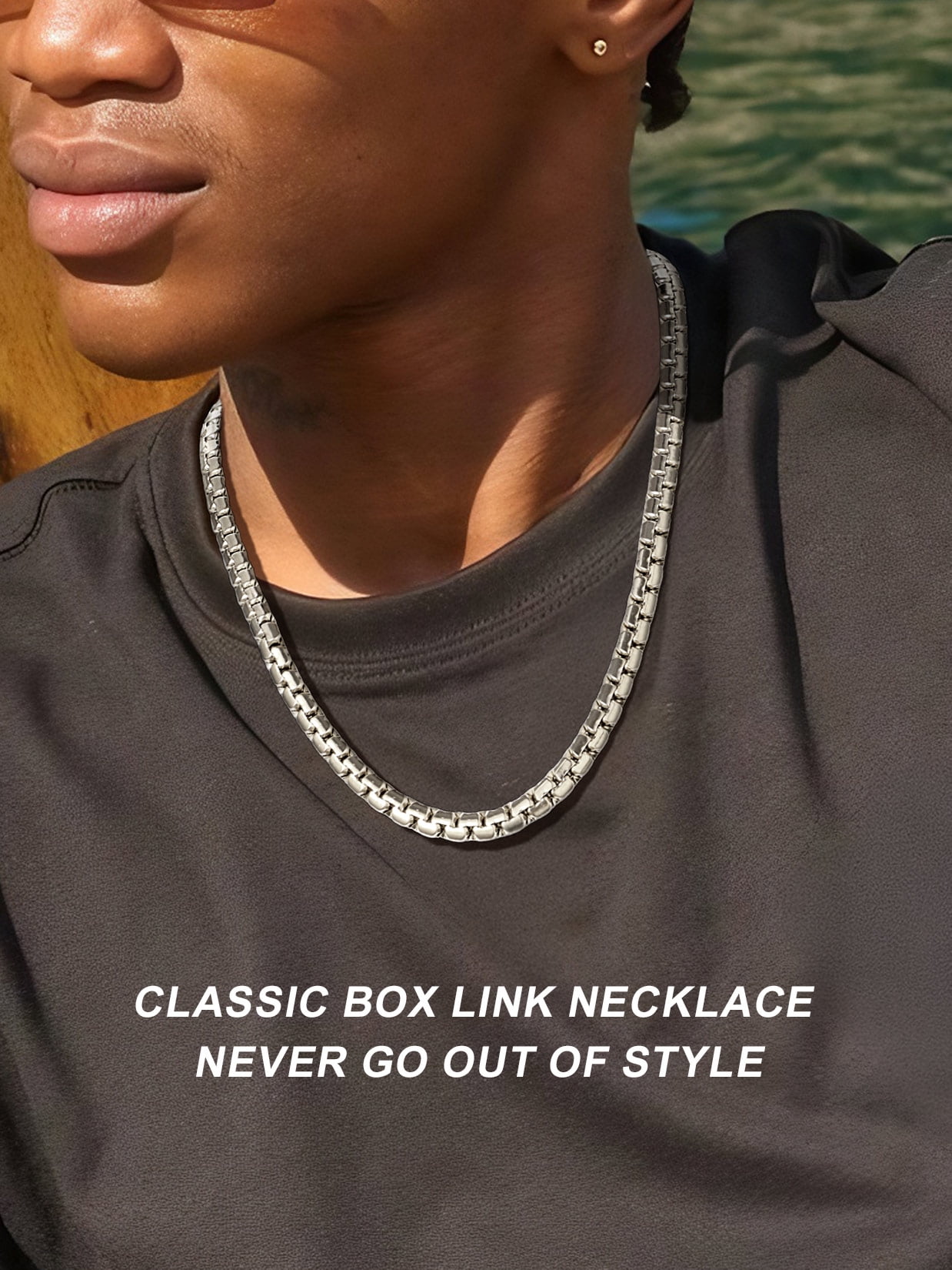ChainsProMax Stainless Steel Flat Box Chain Male Necklace 20inch 8mm Hip Hop Jewelry Gift for Father
