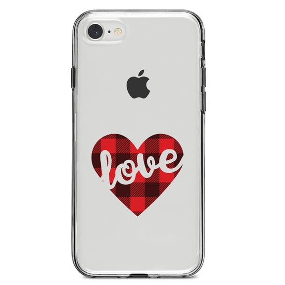 DistinctInk Clear Shockproof Hybrid Case for iPhone 7 8 SE (2020 Model) 4.7" Screen TPU Bumper Acrylic Back Tempered Glass Screen Protector - Buffalo Love Heart - Red Black Plaid