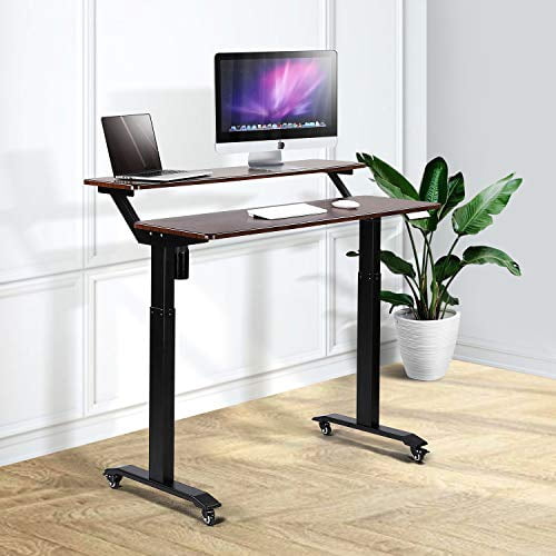 UNICOO® 2 Tier Electric Height Adjustable Standing Desk with Wheels, Electric Mobile Standing Workstation, Sit Stand Desk Home Office Desk Whole-Piece Desk Board 48 * 24 in (KT1002-MB) 2Tier
