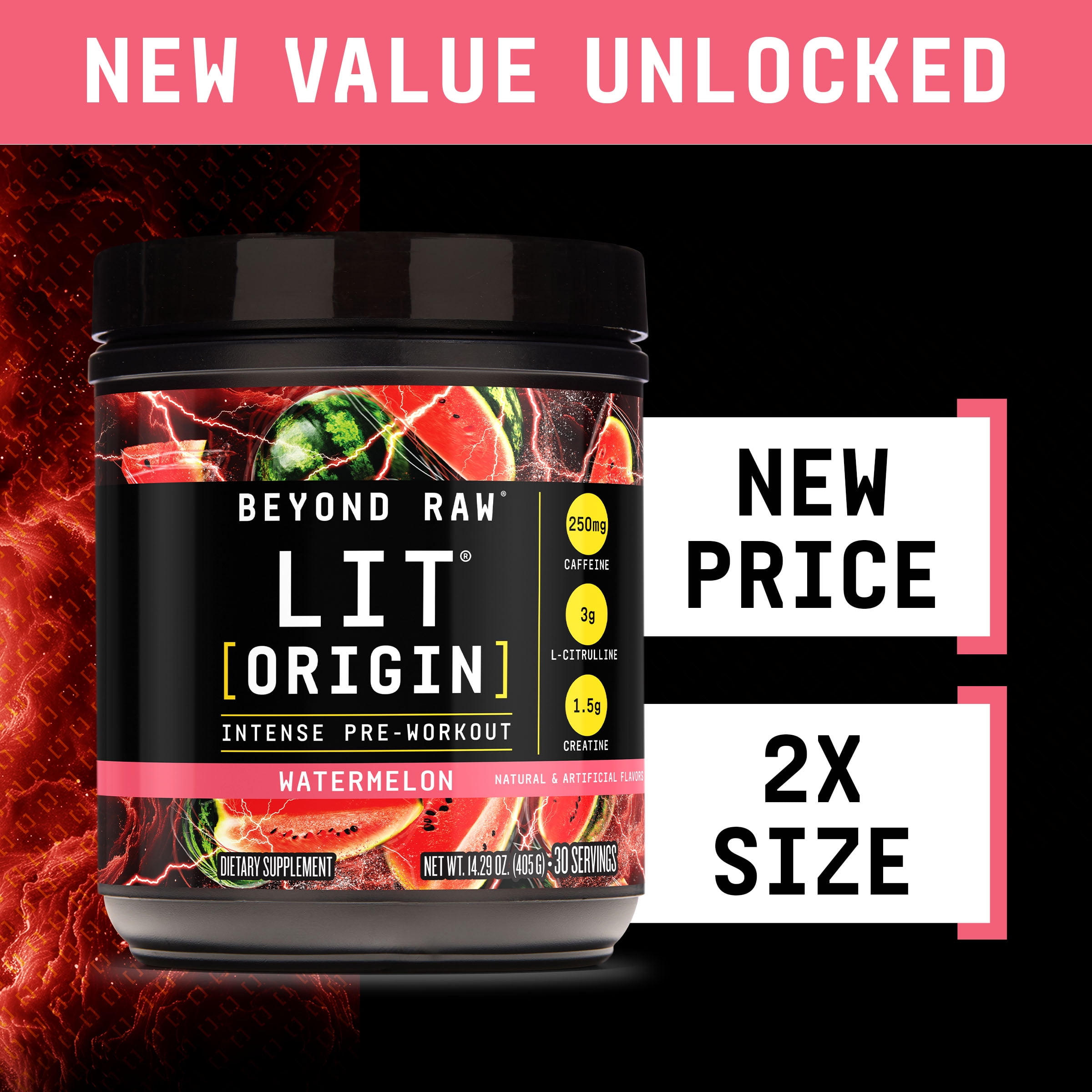 Beyond Raw LIT Origin Pre Workout Powder, Watermelon, for Men & Women, Energy & Pumps, 30 Servings