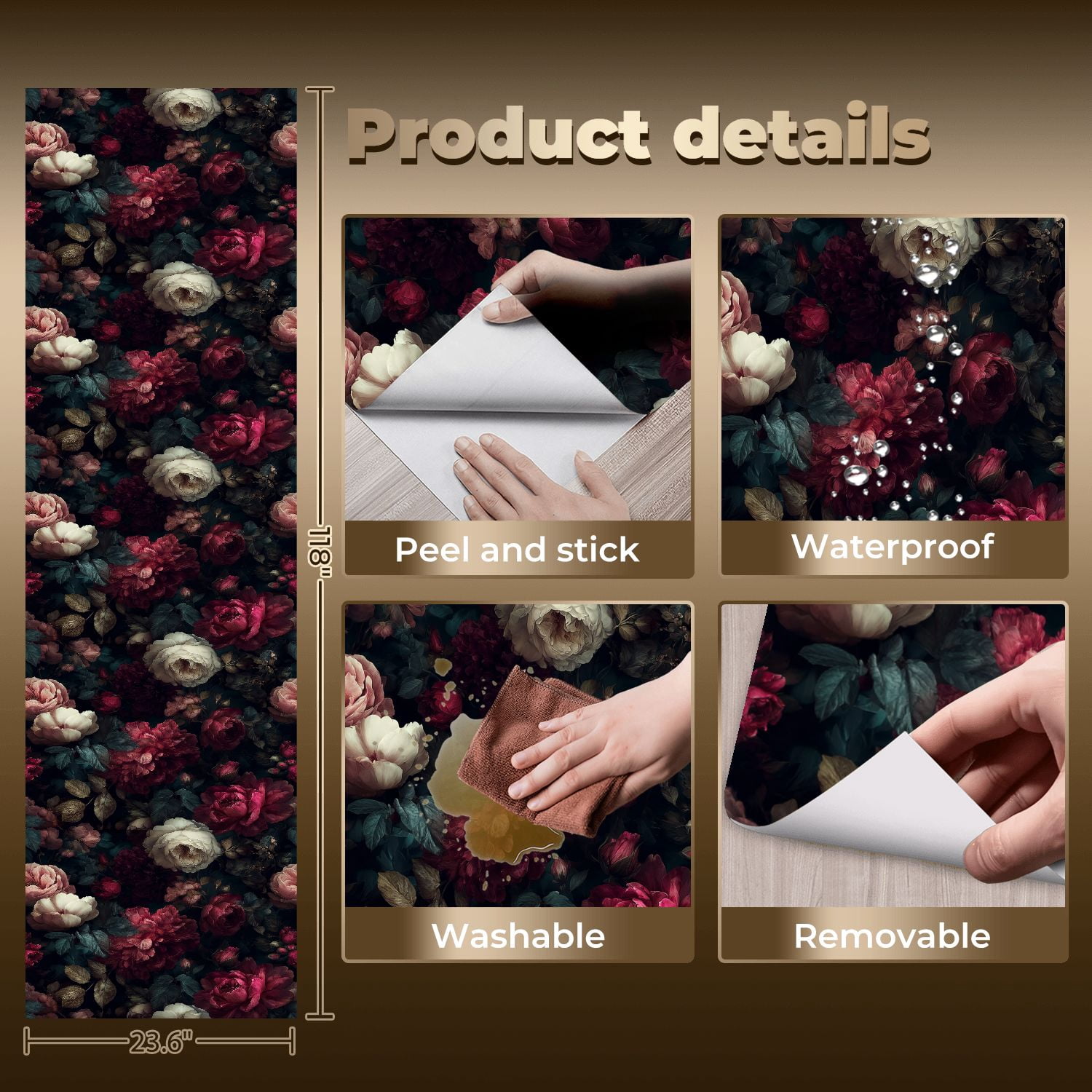 Peel and Stick Wallpaper Dark Floral Peonies Deep Red Blush Pink Ivory Blooms Wall Mural 23.6in x 9.8ft Self Adhesive Removable Wall Paper Renter Friendly Wallpaper for Nursery Bedroom Cabinets