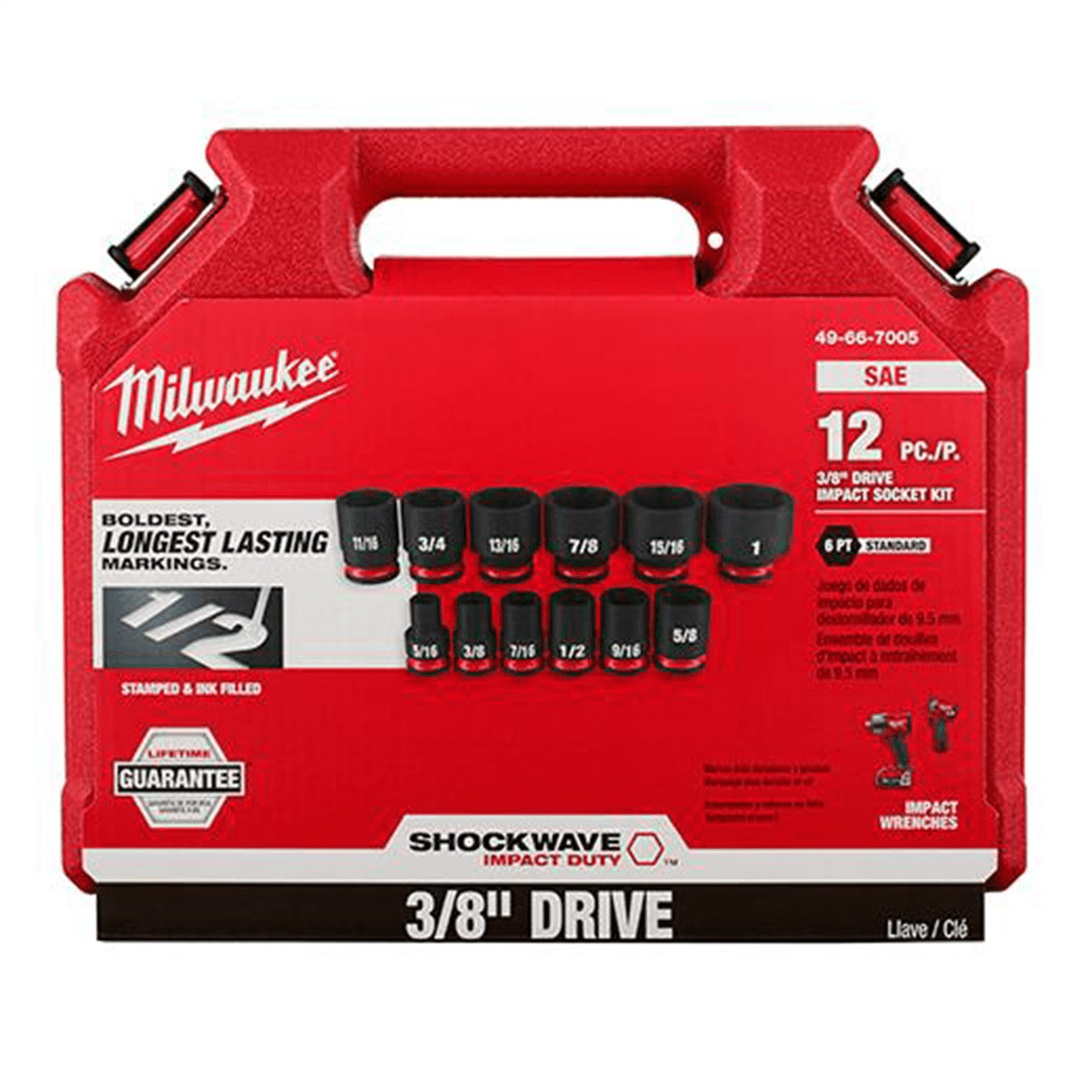 MIlwaukee 12PCSHOCKWAVE Impact Duty 3/8" Drive SAE Standard 6 Point Socket Set