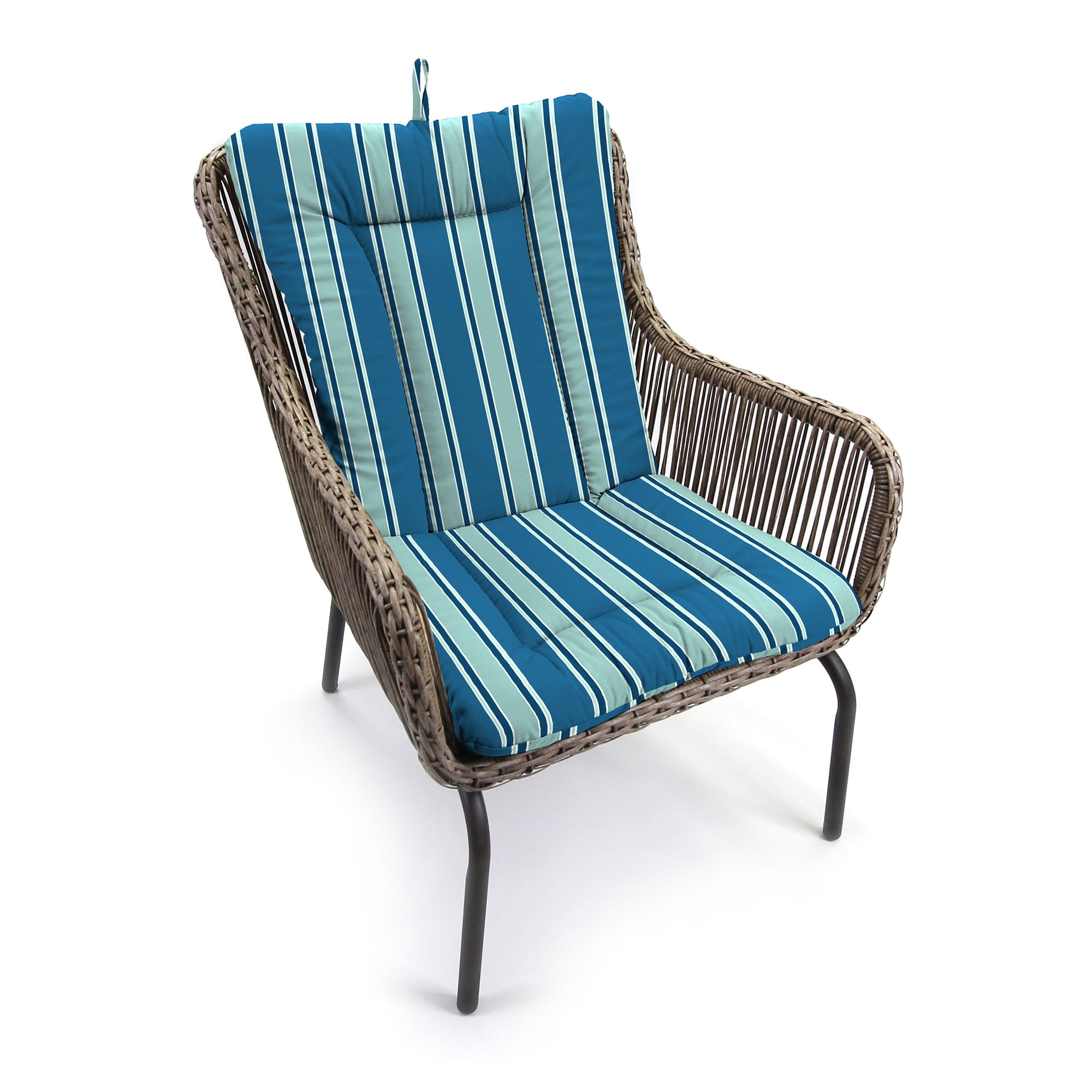 Jordan Manufacturing 38" x 21" Sanders Puff Blue and Gray Green Stripe Rectangular Outdoor Wrought Iron Chair Cushion with Ties and Hanger Loop
