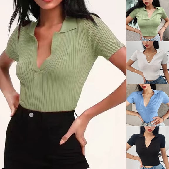 Women's Slim Fit Short Sleeve Solid Knitted Blouse Shirt Tops Comfy Cute Trendy Outfits Casual Daily Wear Work Office | CSEONE,Black Free Size