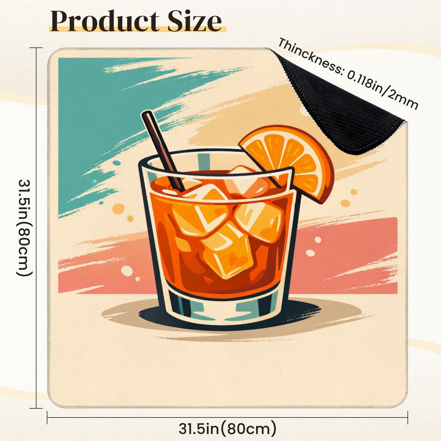 Mahjong Mat 31.5" x 31.5" Refreshing Orange Cocktail Ice Cubes Citrus Slice Non-Slip Noise Reduction Mahjong Tiles Table Cover for Dominoes Poker Card Board and Tile Games