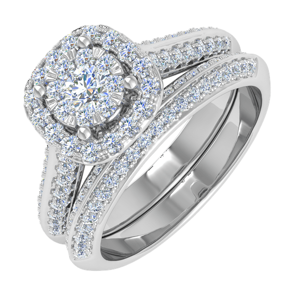 3/4 Carat Halo Diamond Bridal Ring Set in 14K White Gold (Ring Size 7) (SI1-SI2 Clarity)