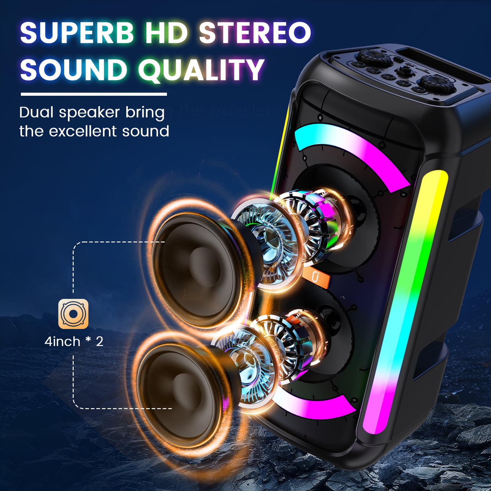 FanFun Portable Bluetooth Speaker, 60W Powerful Speaker with 2 Wireless Microphones with RGB Lights, Perfect for Adults & Kids, Home & Outdoor Party