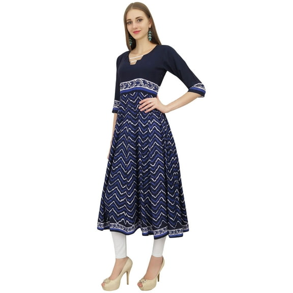 Bimba Women's A-Line Kurta Designer Blue Kurti Ethnic Long Flared Blouse Dress - 4