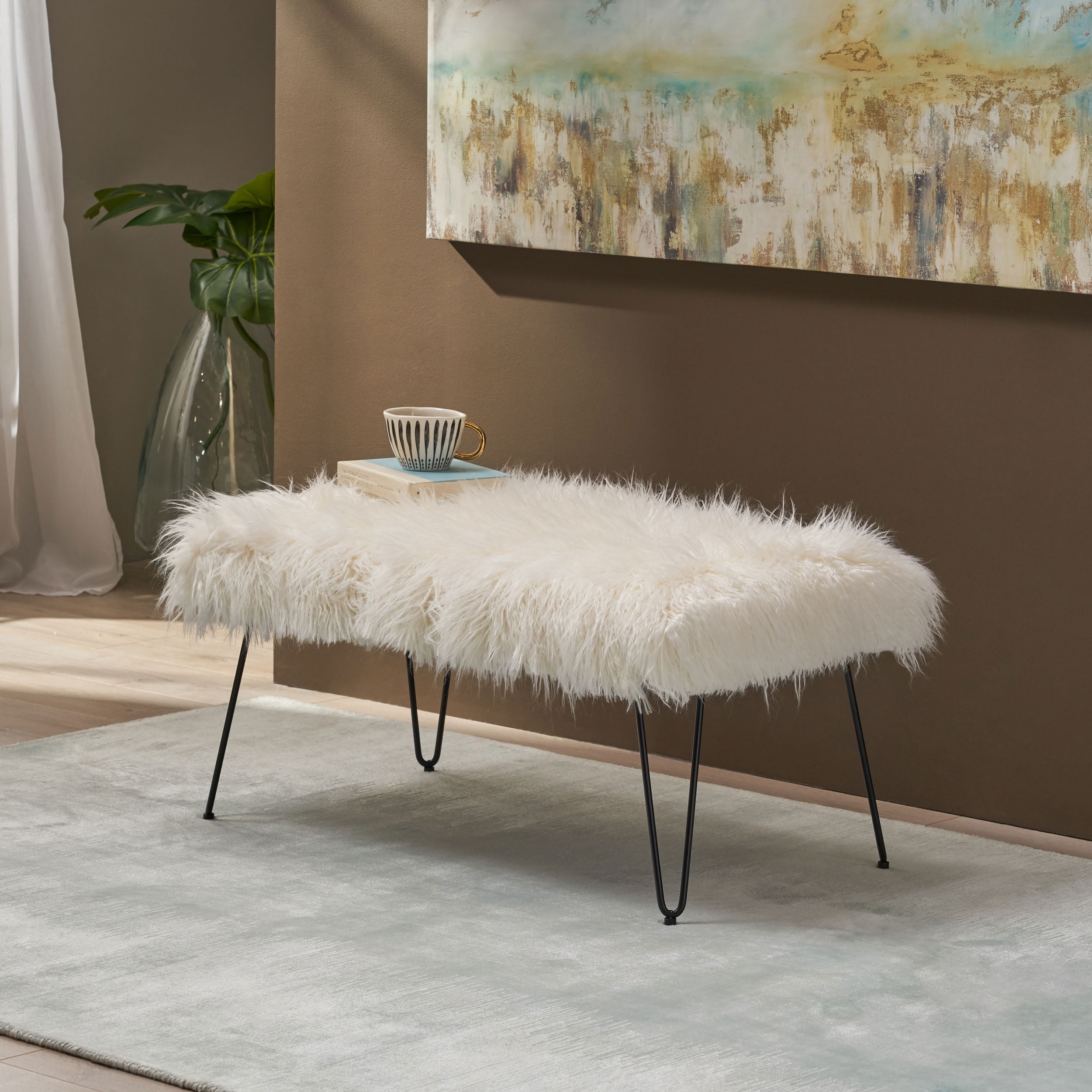 Noble House Magnolia Faux Fur Bench with Hairpin Legs, White and Black
