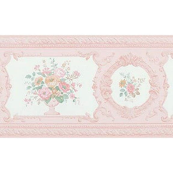 879057 Peachy Pink Satin Victorian Floral Wallpaper Border FDB02007  979b02007