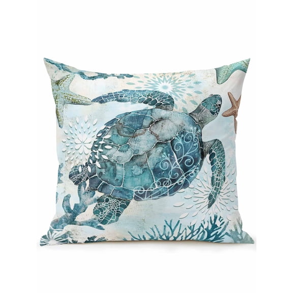 Outdoor Pillow Waterproof 1 Pack, Teal Turtle Coastal Patio Throw Pillows for Couch Bed Sofa with Insert, Summer Beach Starfish Nautical Sea Decorative Travel/Reading/Camping Pillow Set 16x16 Inch