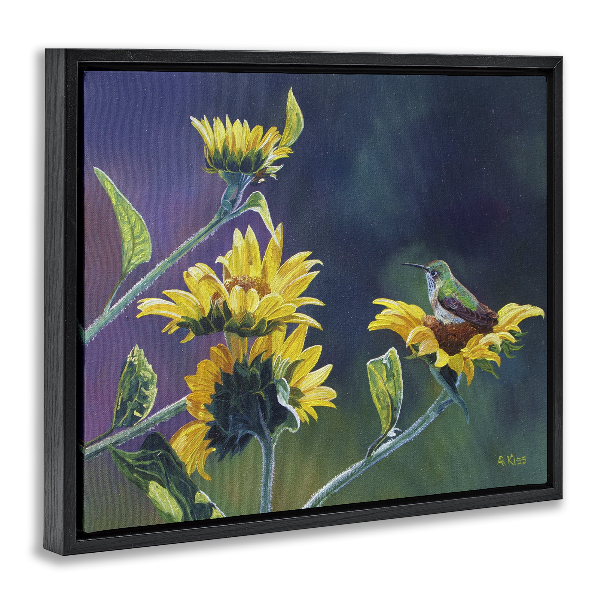 Stupell Industries Resting Birds on Sunflowers Plants & Flowers Painting Black Floater Framed Canvas Art Print Wall Art, 21 x 17