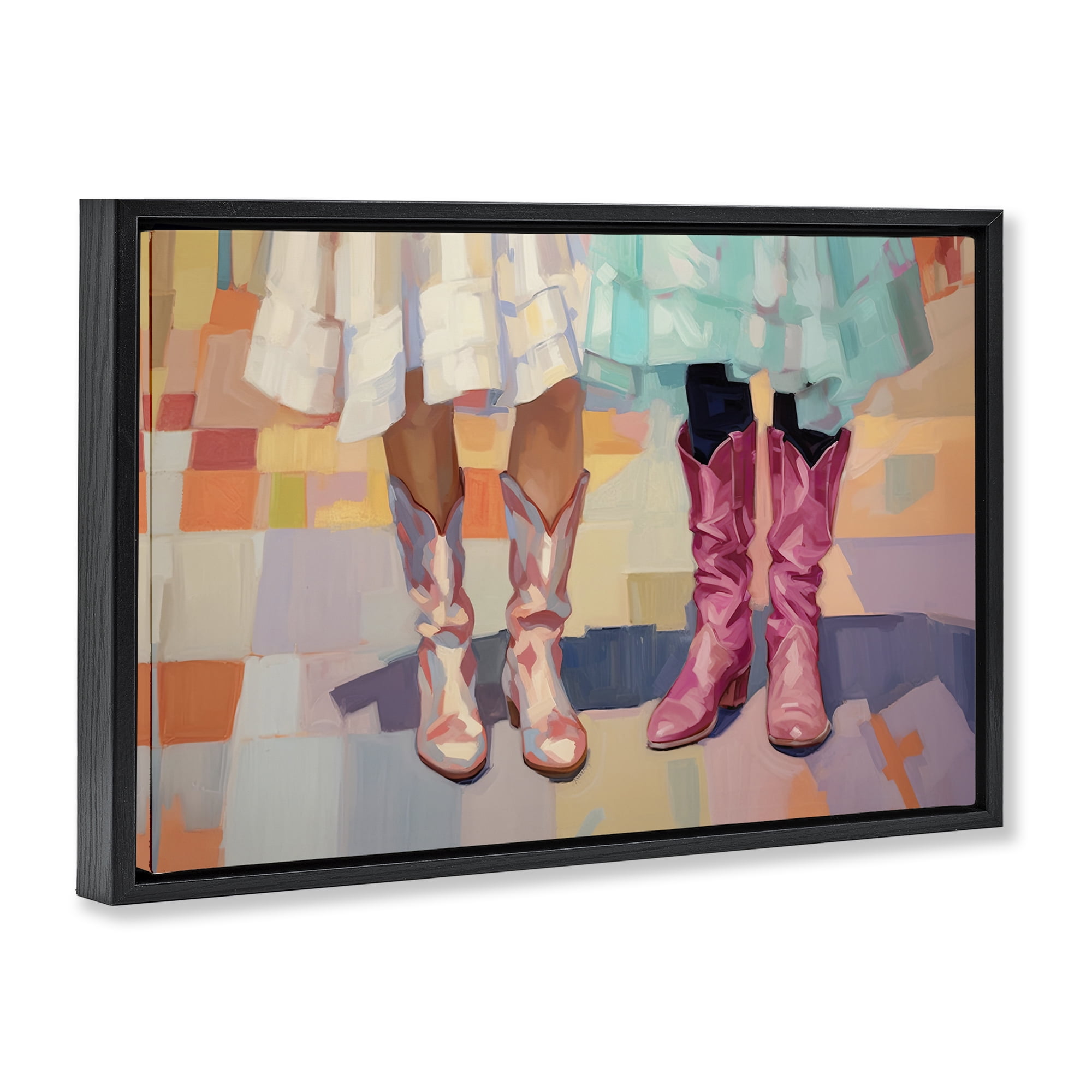Stupell Industries Girls in Cowboy Boots People Painting Black Floater Framed Canvas Art Print Wall Art, 31 x 21
