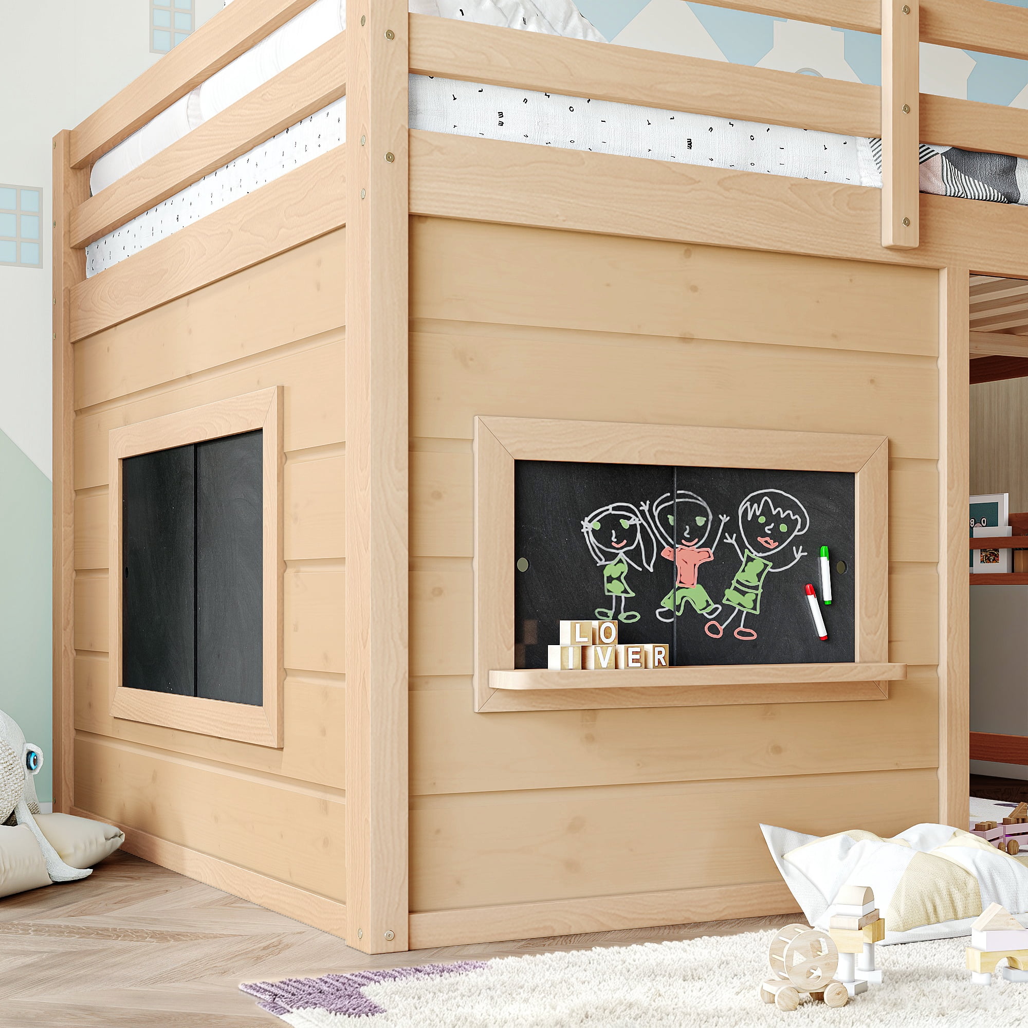 Leumius Full Size Loft Bed with Storage Shelves,Solid Wood Low Loft Bed Frame with Chalkboard and Bookshelf,Space Saving,Light Natural