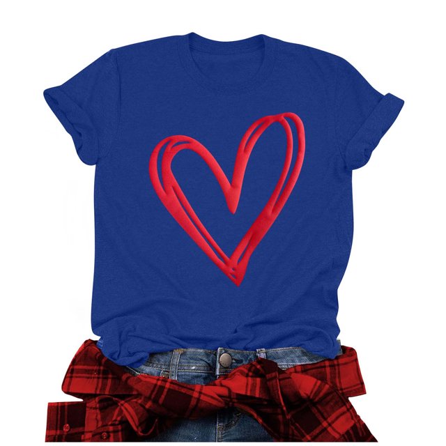 Penkiiy T-Shirts de la Saint-Valentin pour Femmes Imprimés Graphiques Mignons Cœur d'Amour Manches Courtes Décontractées m Bleu