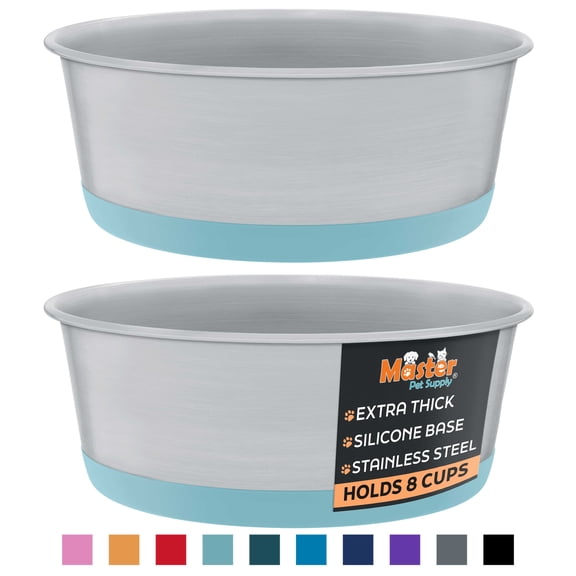 Master Pet Supply Stainless Steel Dog Bowls Set of 2 with Extra Thick Silicone Base - 8 Cup (64 oz) Aqua Sky, Non-Slip, Dishwasher Safe Metal Bowls, Pet Dog Food Bowl for Dogs, Cats, Anti Rust