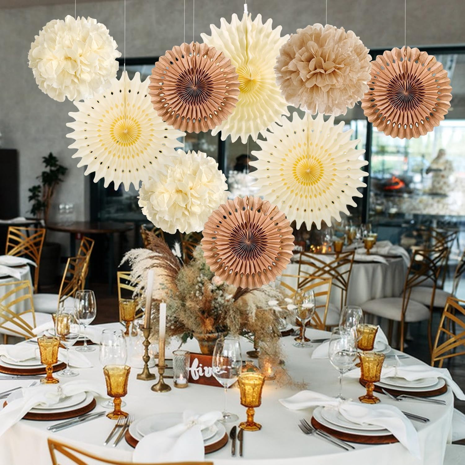 Brown Party Decorations Boho Wedding Party Decor Brown Beige Tissue Pom Poms Paper Fans Hanging Neutral Women Birthday Party Decorations Bridal Shower Baby Shower Rustic Engagement Decor