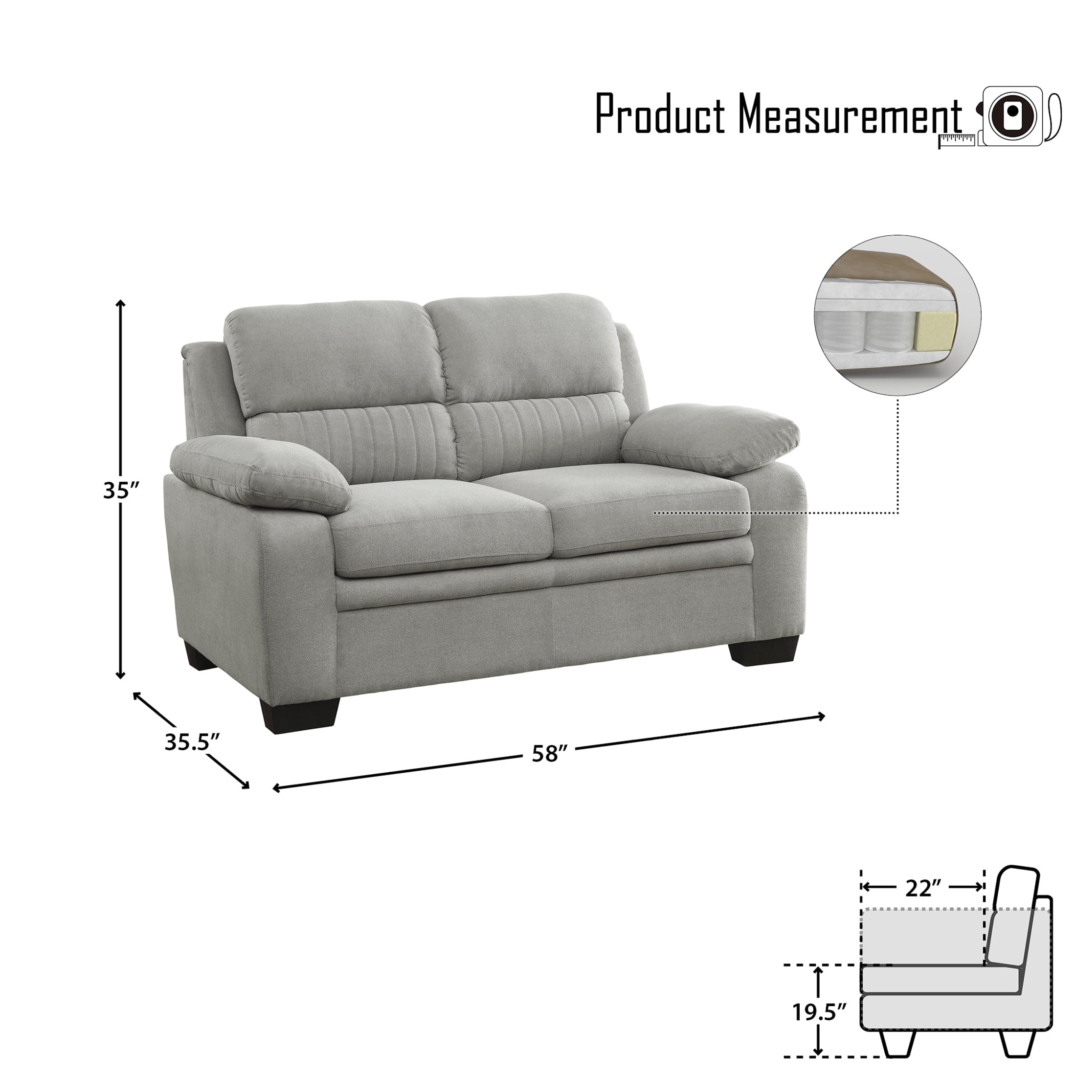 OakvillePark Milford Fabric Upholstered Living Room Loveseat, Light Gray