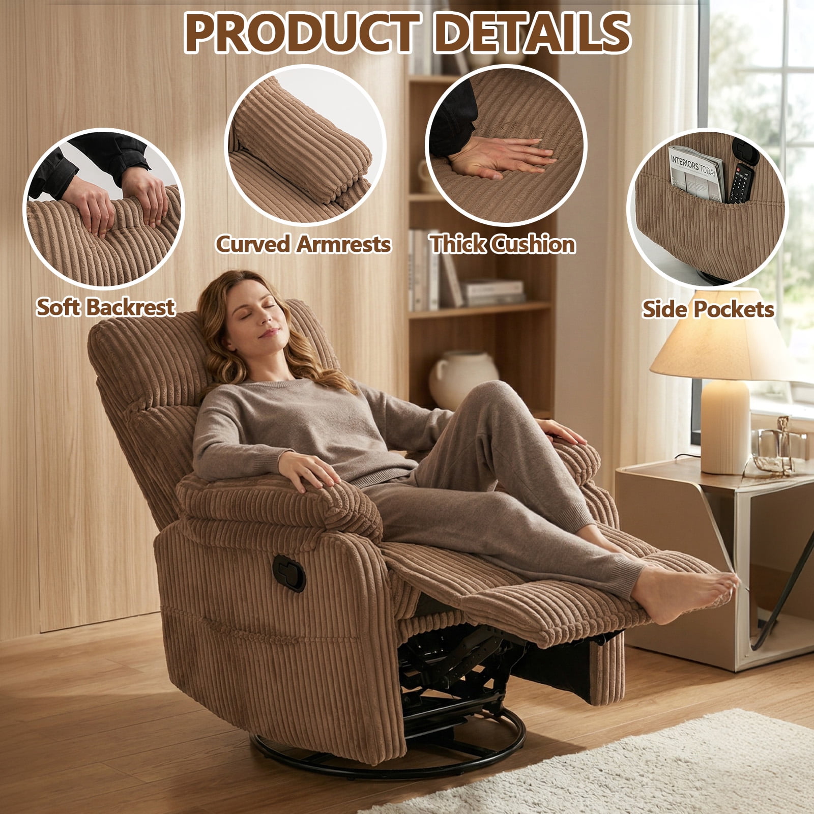Leumius Swivel Recliner Chair,360° Swivel Rocker Chair for Living Room,Upholstered Nursery Glider Recliner Chair for Small Spaces,Manual Recliner for Adults for Home Theater,Brown