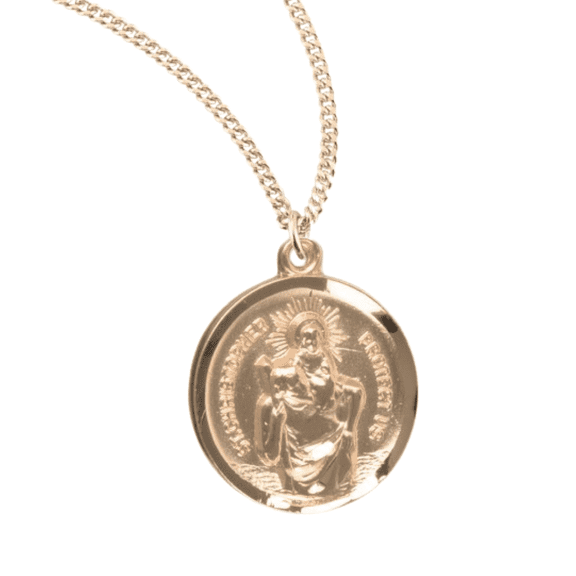16kt Gold Plated Sterling Silver Saint Christopher Round Gold Plated Medal Pendant – 18" Gold Plated Stainless Steel Chain Necklace, Made in USA, Deluxe Velvet Gift Box