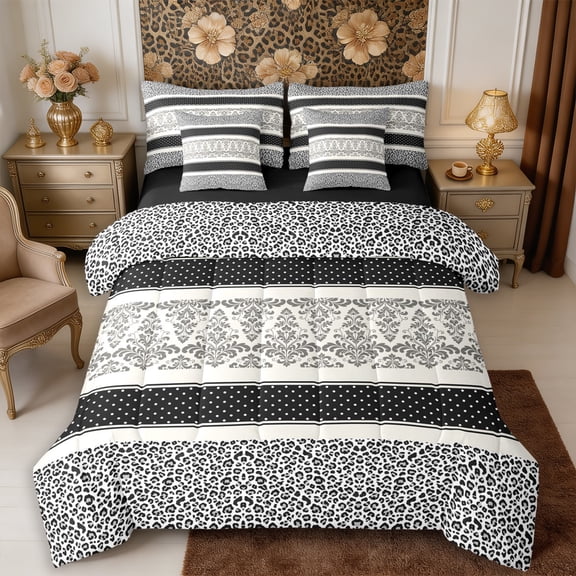 Manfei Boho Leopard Print Damask 7-Piece Twin Bedding,Minimalist Polka Dots Bedding Comforter Set,Reversible
