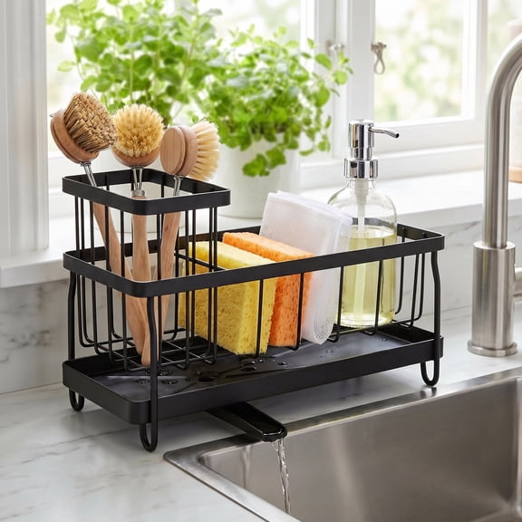 Lonian Sponge Holder for Kitchen Sink, Black Sink Caddy with Removable Metal Brush Holder & Plastic Drip Tray with Rotatable Spout, 9.1" x 3.7" x 6.2"