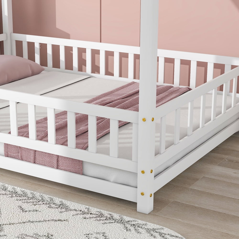 Full Size House Bed, Solid Wood Montessori Floor Bed, Kids Toddler Montessori Bed Frame with Roof Design and Full-Length Guardrail, Playhouse Floor Bed for Kids Girls Boys, White