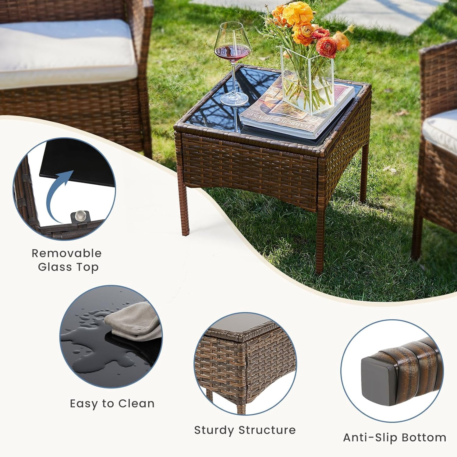 3-Piece Patio Bistro Set, Outdoor Furniture All-Weather Rattan Conversation Set, 2 Armchairs with Glass Coffee Table, for Porch, Backyard, Balcony