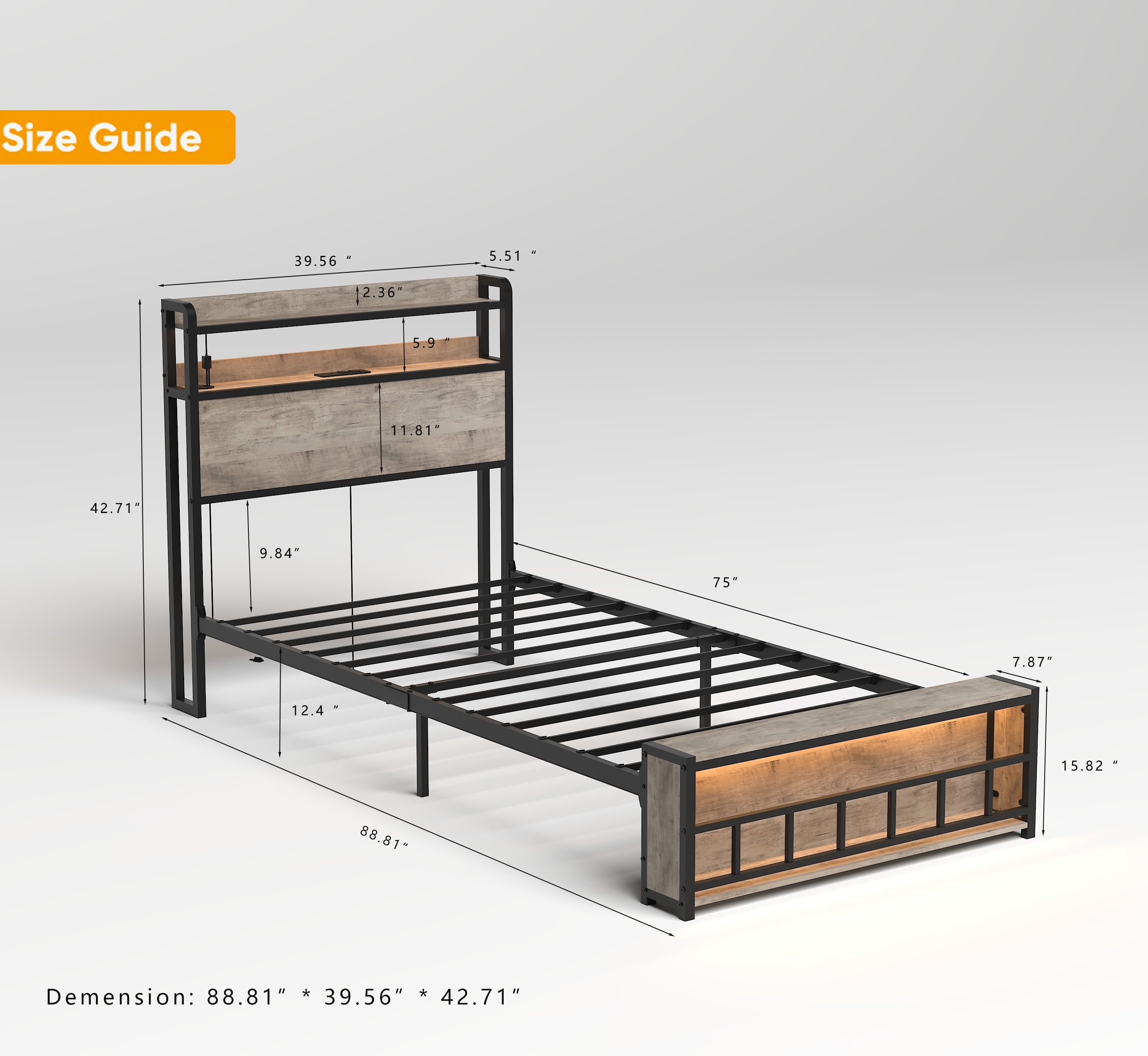Miniyam Twin Bed with LED Headboard, USB Charging, Storage Shelves for Teens