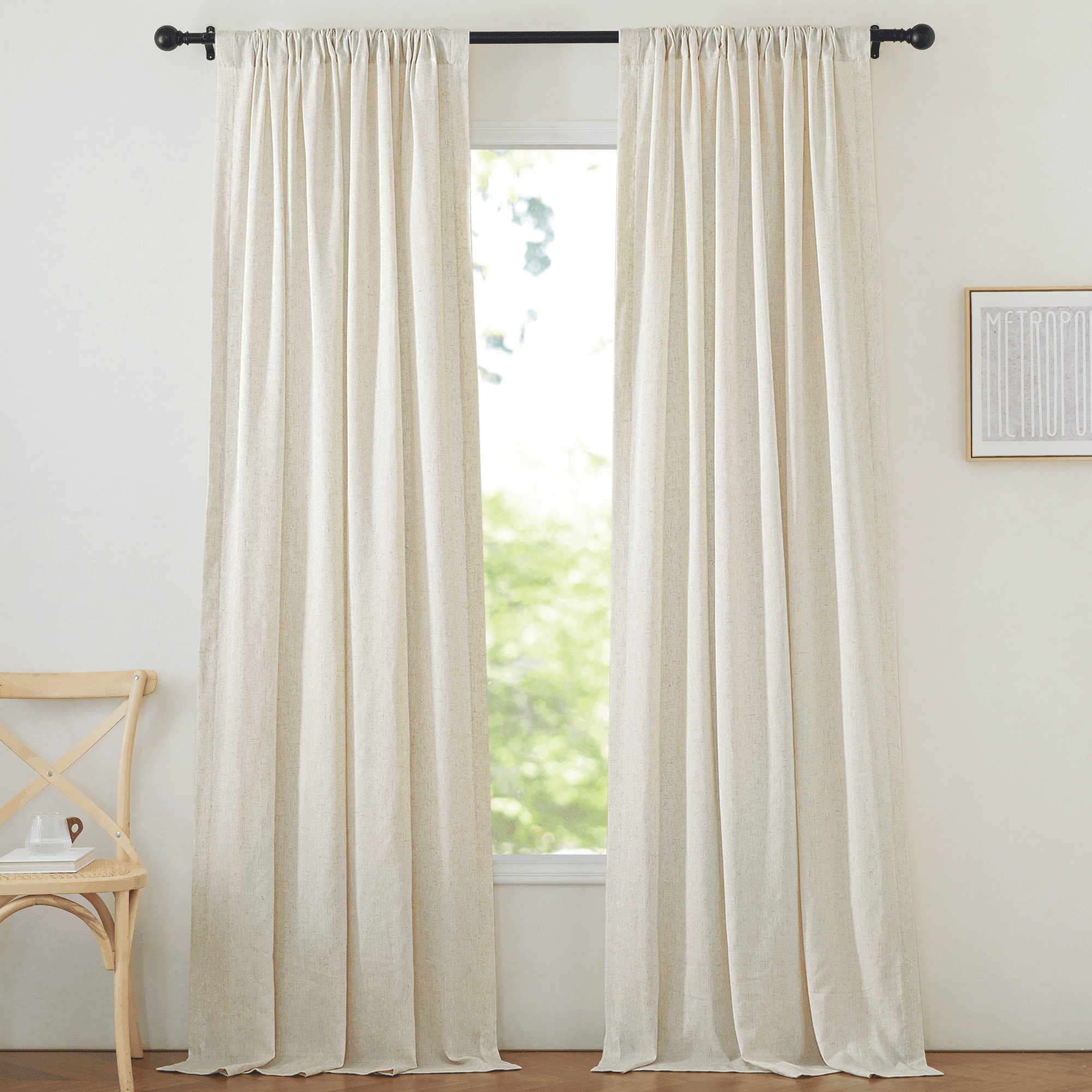 NICETOWN Natural Linen Curtains for Bedroom, 2 Panels, Flax Linen Light Filtering Privacy Added Hook Belt/Backtab/Rod Pocket Window Drapes, 50"x 90"