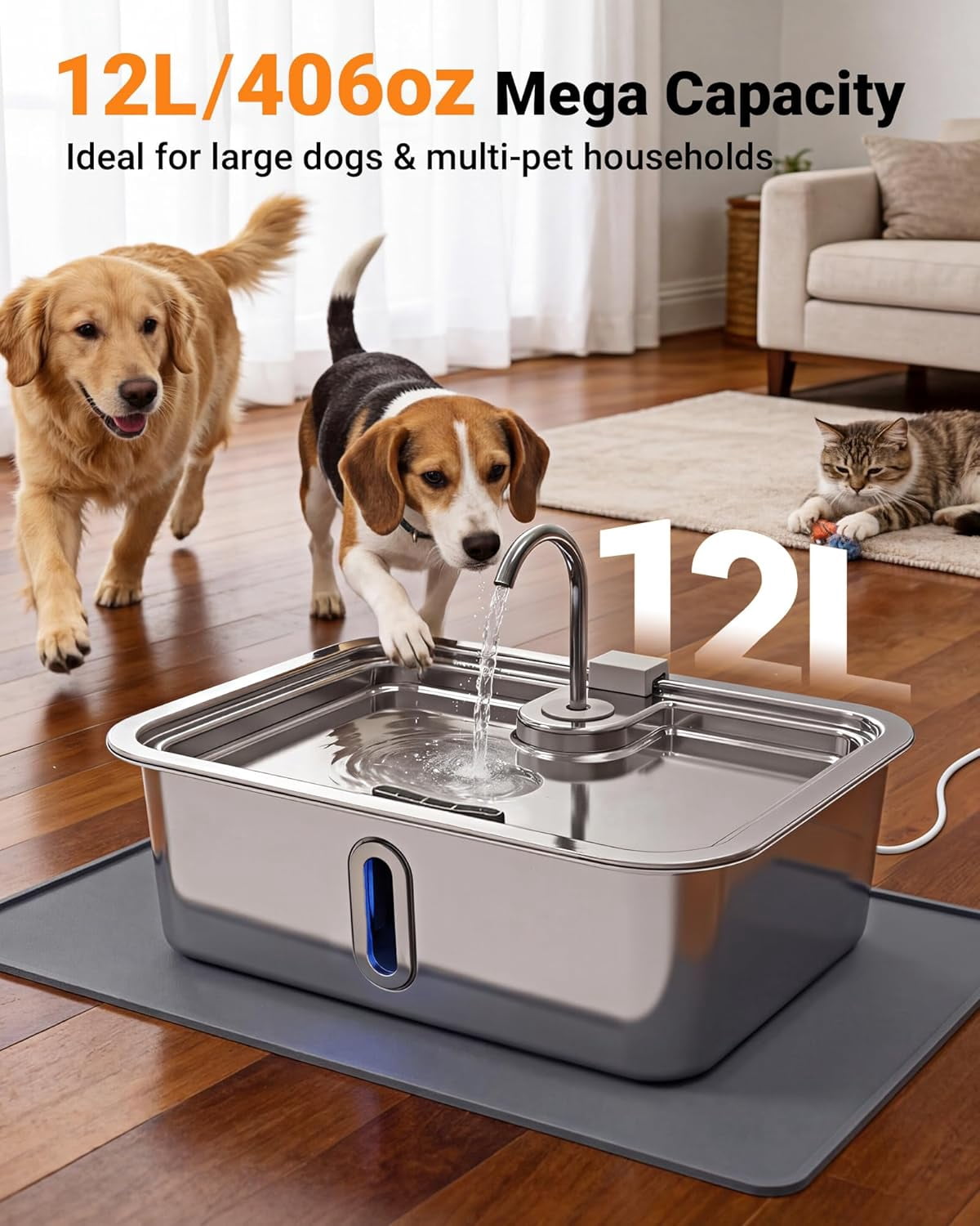 Automatic Pet Water Fountain with Silicone Mat & 3 Filters, Stainless Steel Dispenser with Visible Window and Alert Light for Large Dogs and Cats