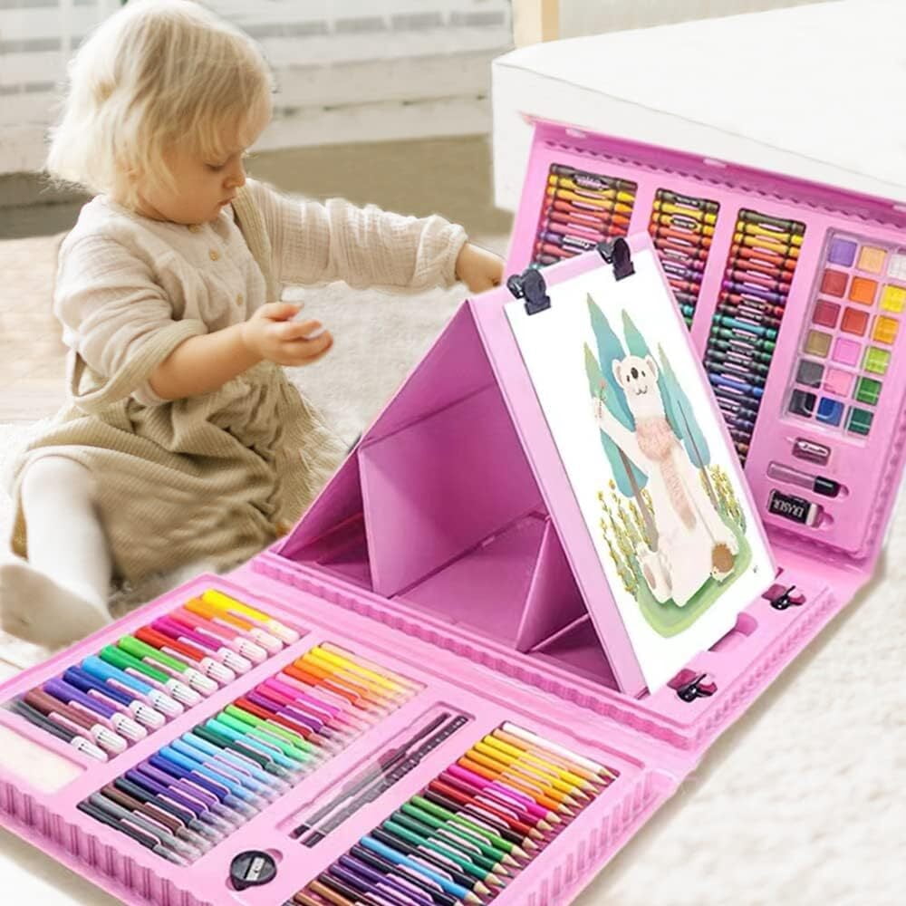 HTSQYL 208 PCS Art Supplies, Drawing Art Kit for Kids Adults Art Set with Double Sided Trifold Easel, Oil Pastels, Crayons, Colored Pencils, Watercolor Pens Gift for Girls Boys Artist,Pink