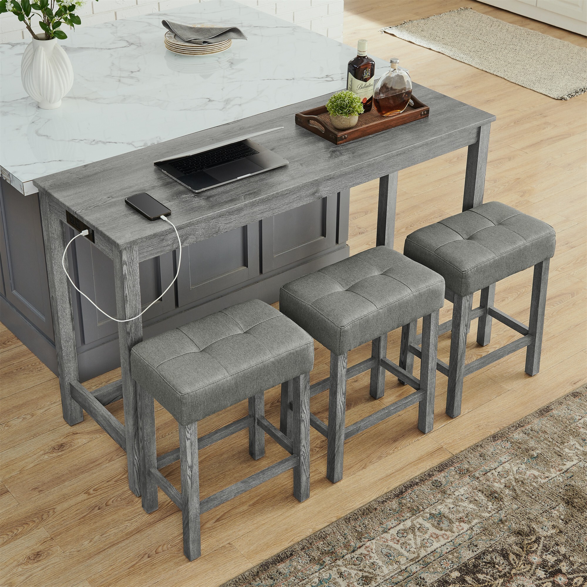DEALTOPS 4-Piece Bar Table Set with Charging Station, 59" Counter Table with 3 Soft Stools for Small Space, Antique Gray