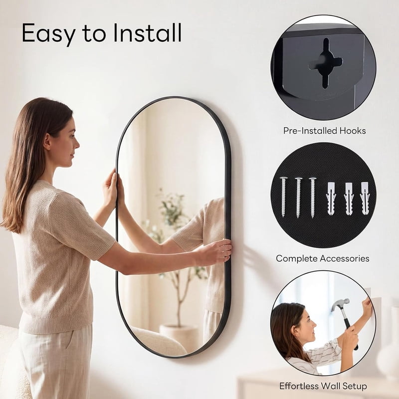 Easy4Home 16"x24" Oval Bathroom Mirror Vanity Wall Mirror,Black