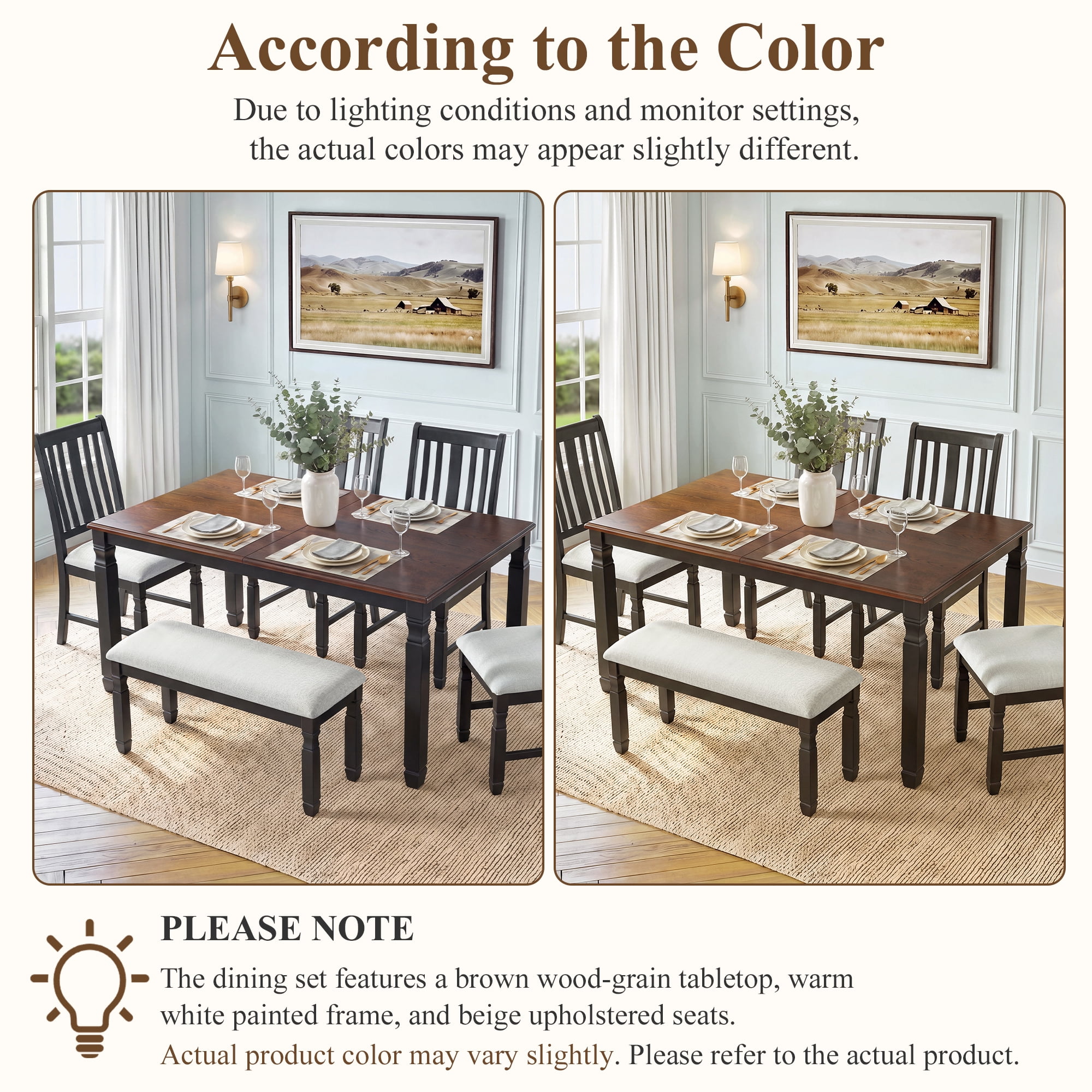 Euroco 6-Piece Dining Table Set for 6, Extendable Kitchen Table Set with 4 Upholstered Chairs and 1 Bench,Farmhouse Dining Set for Small Space, Easy Assembly,Espresso+Black