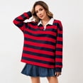 thumbnail image 3 of Women Long Sleeve Striped Polo Shirt Oversized Collar Y2k Pullover T Shirt Casual Loose Streetwear Rugby Sweatshirt，Wine，2XL, 3 of 7