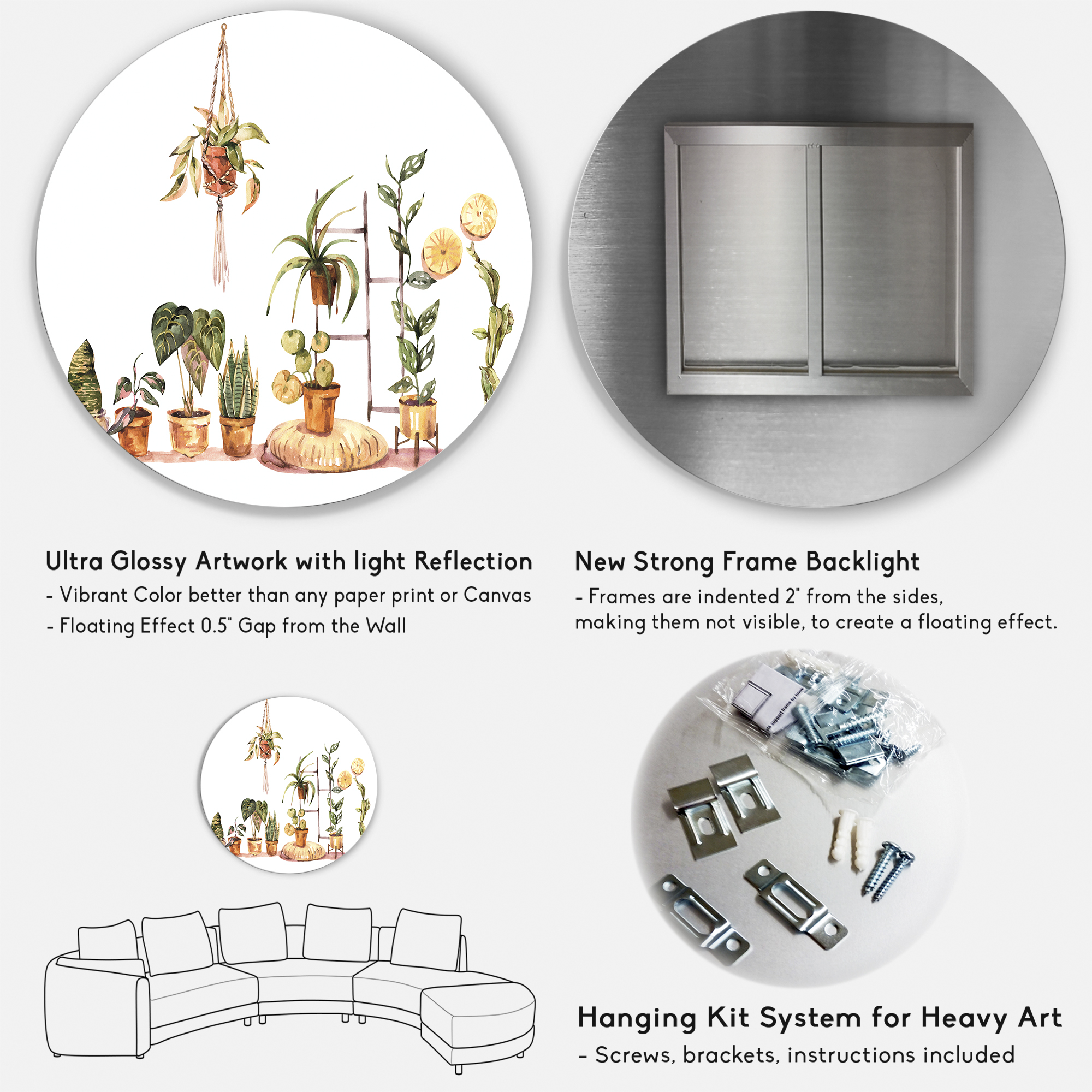 Designart 'Indoor House Plants Urban Jungle in Flowerpots II' Traditional Circle Metal Wall Art 29x29 - Disc of 29