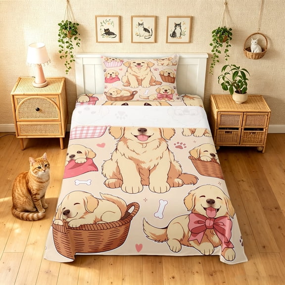 Manfei Kawaii Puppy Twin Sheets, Cartoon Bow Dog Bedding, Cream Pink, 3-Piece, 1 Flat Sheet, 1 Fitted Sheet and 1 Pillowcase