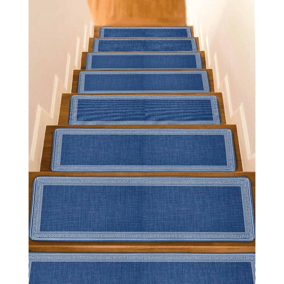 Navy Blue Abstract Art Non-Slip Stair Treads for Wooden Steps, 15 Pack 8x30 Inch Carpet Stair Mats with Adhesive Backing, Noise-Reducing Step Covers for Indoor Stairs, Easy to Install & Residue-Free
