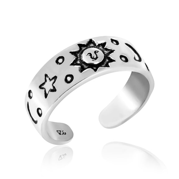 Celestial Grey Sky Sun Moon and Star Sterling Silver Toe or Pinky Ring for Female Anniversary
