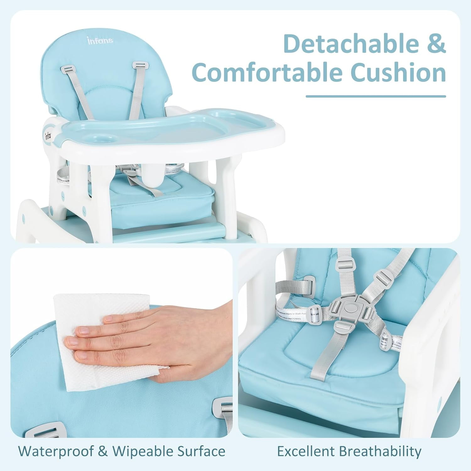 INFANS 5 in 1 Baby High Chair, Convertible Toddler Table with Rocking Chair, Adjustable Back, Removable Tray, Sponge