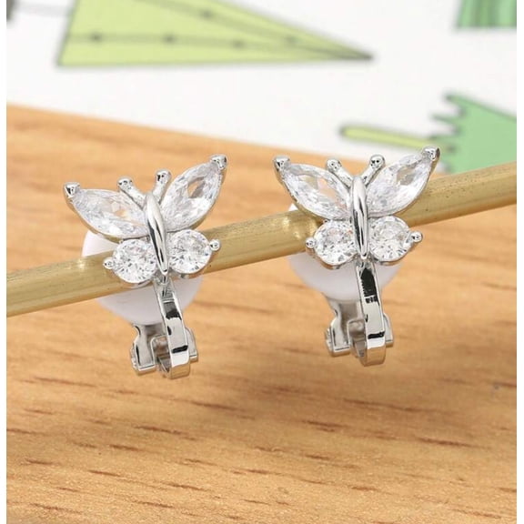 Clip on 1/2" small silver and clear stone butterfly earrings