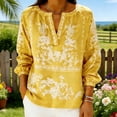 thumbnail image 5 of Womens Boho Linen Tops 3/4 Sleeve Shirt V Neck Floral Printed Beach Travel Outfits for Women Spring Summer (L, Yellow), 5 of 5