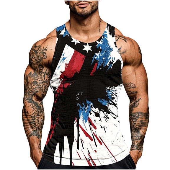 Cmfcve Men's Independence Day Tank Top Printed Pullover Patriotic Vest Sleeveless Round Neck Fitness Undershirt