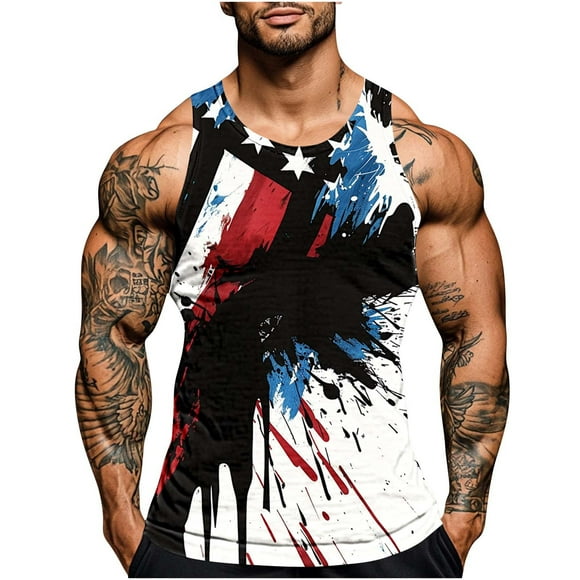 BiZtdJrK Men's American Flags Patriotic Shirts Summer Round Neck Sleeveless Tank Tops Casual Comfy Breathable Tanks White XL birthday gifts