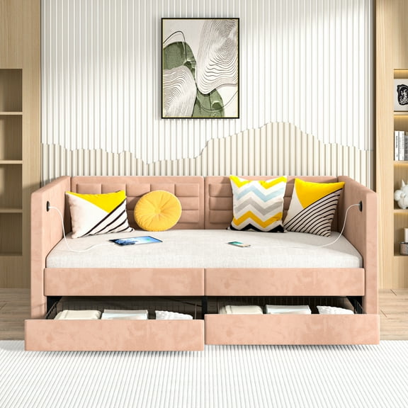 VECELO Upholstered Daybed with Storage, Twin Size Daybed, Brown